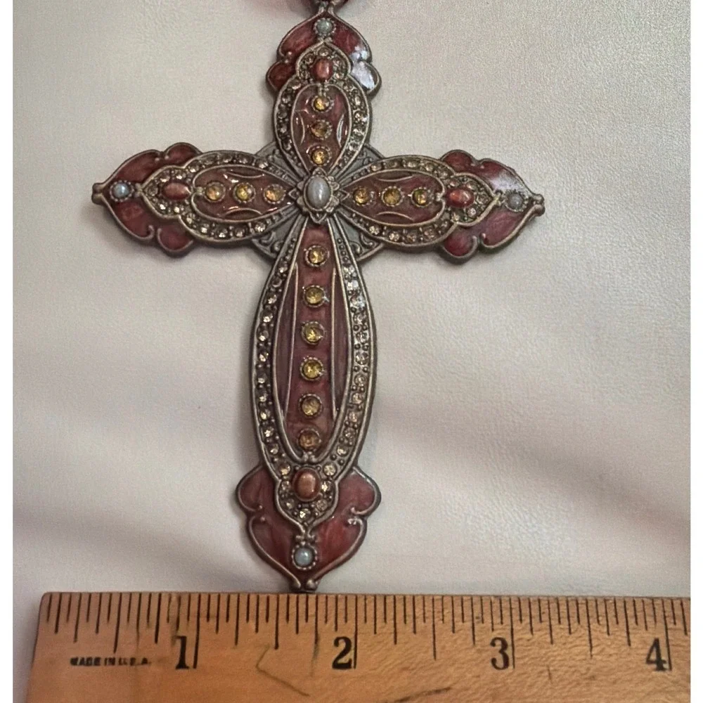 Vintage Ornate Enamel Rhinestone Cross Ornament OS Burgundy Metal Victorian